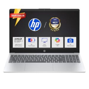 HP OmniBook 3 AMD Ryzen AI 5 340 Next Gen AI Laptop, (16GB DDR5, 512GB SSD), Anti-Glare,15.6''/39.6cm FHD, Win11,Office24, Silver,1.7kg, FHD Camera w/Privacy Shutter, fn0007AU